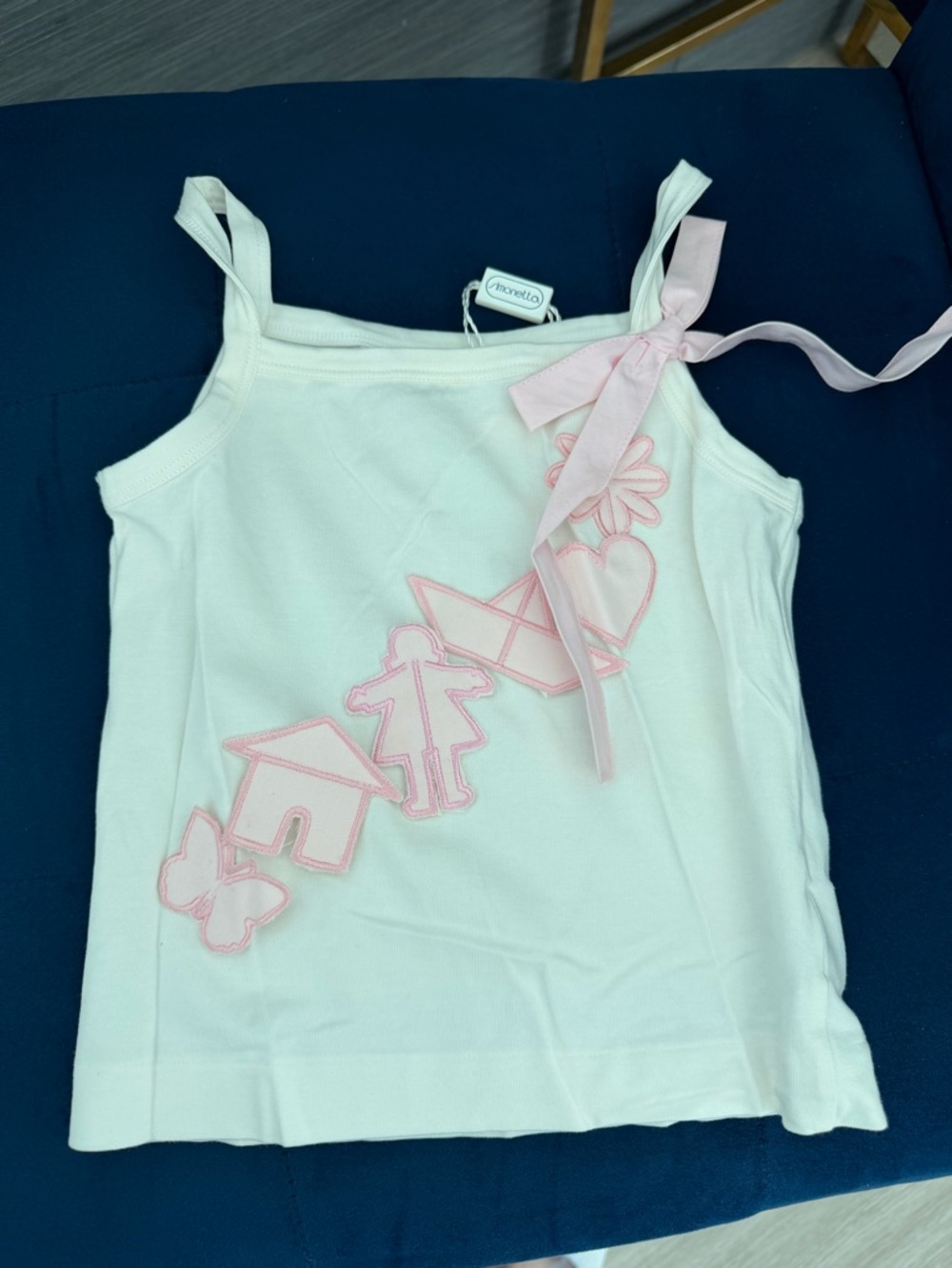 Simonetta White Tank Top with Pink Appliqué and Bow Accent